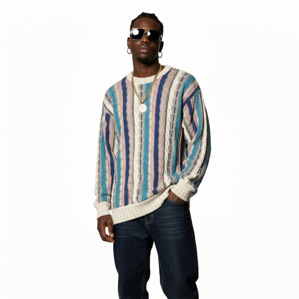 Vintage Cotton Traders 3D Knit Striped Sweater Large Cosby Colorful Grandpa Vtg
